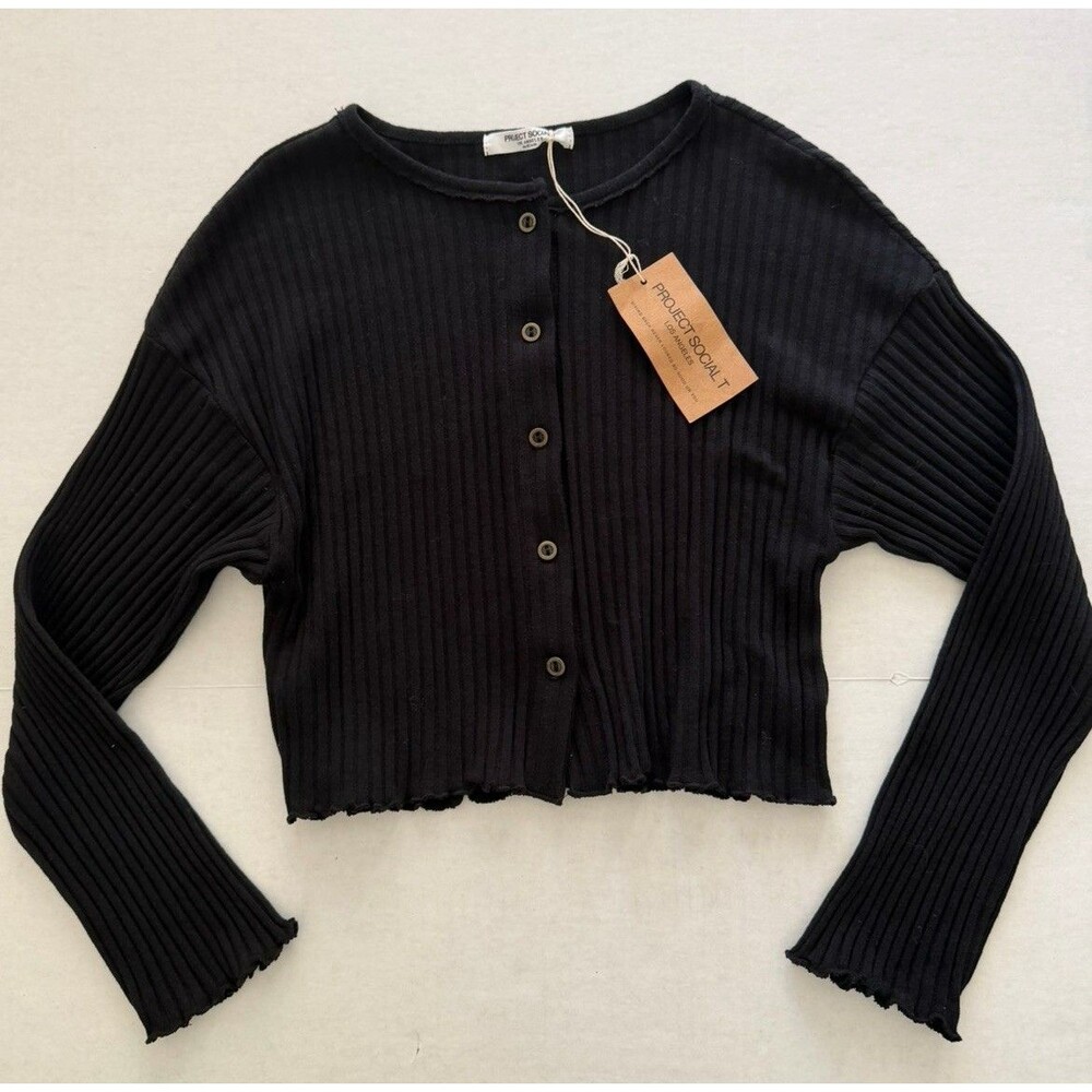 New Project Social T Women’s Cropped  Ribbed Lettuce Edge Sweater Cardigan M NWT